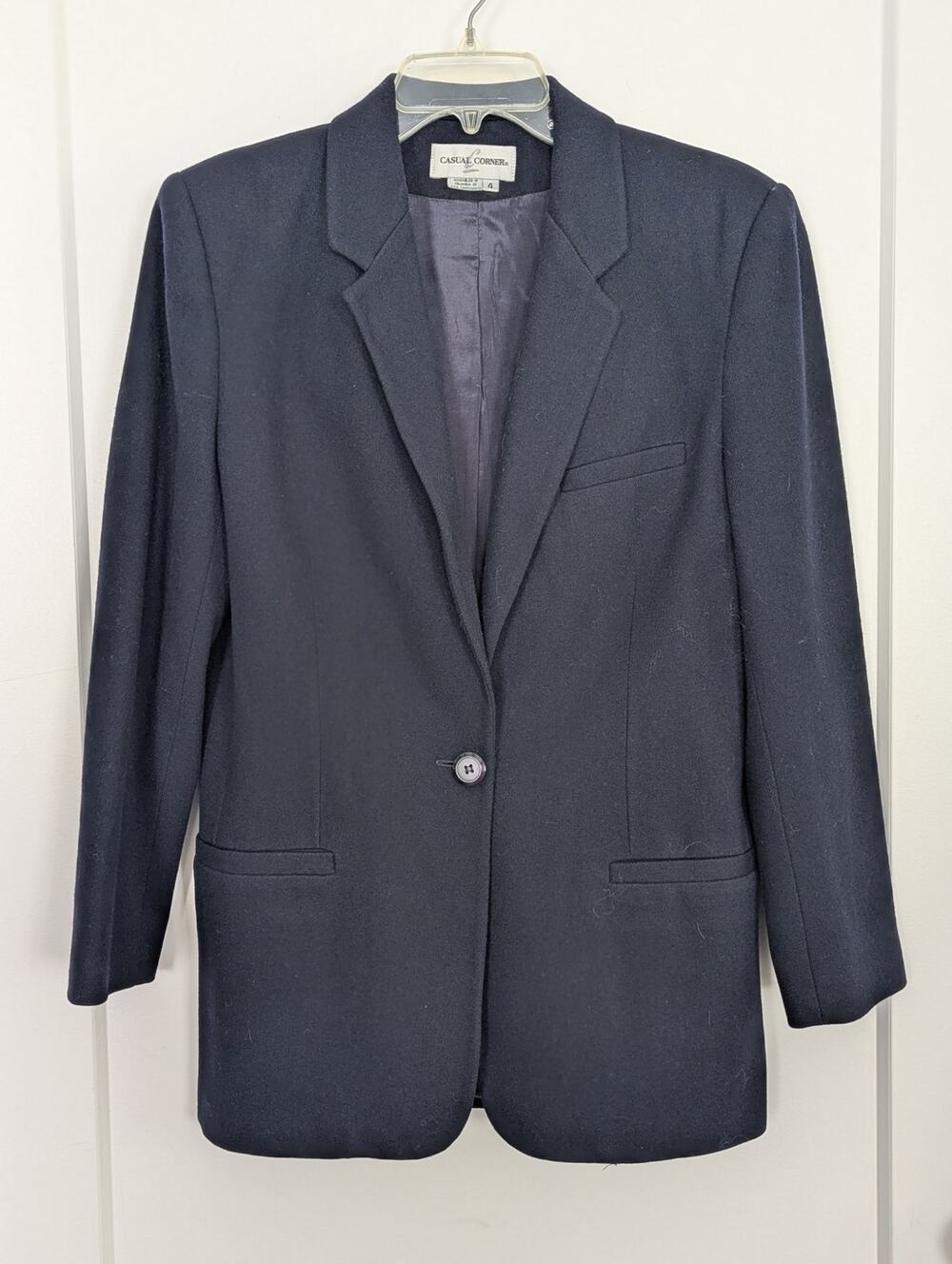 Vtg Casual Corner 100% Pure Wool Navy Blue Blazer Jacket Size 4 90s Academia
